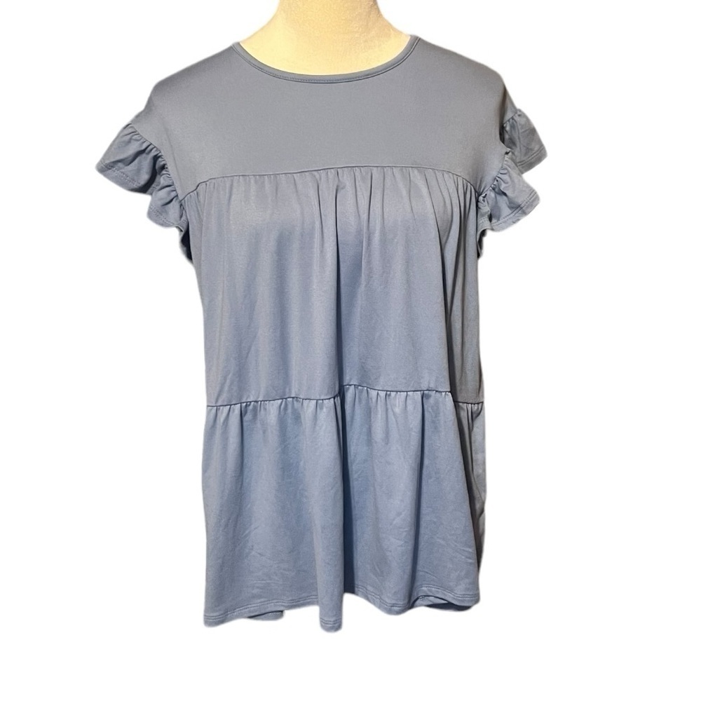 Stretchy slate blue ruffle sleeve layered top women's small from boutique NWOT